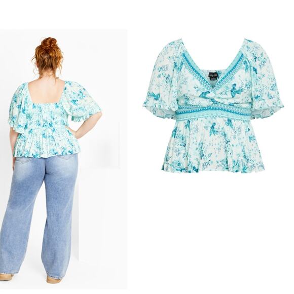 CITY CHIC Pretty Thing Top Seafoam Floral Cottagecore Blouse Size 18 - Picture 2 of 5